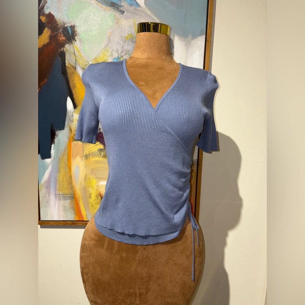 Elegant Blue Ribbed Wrap Blouse